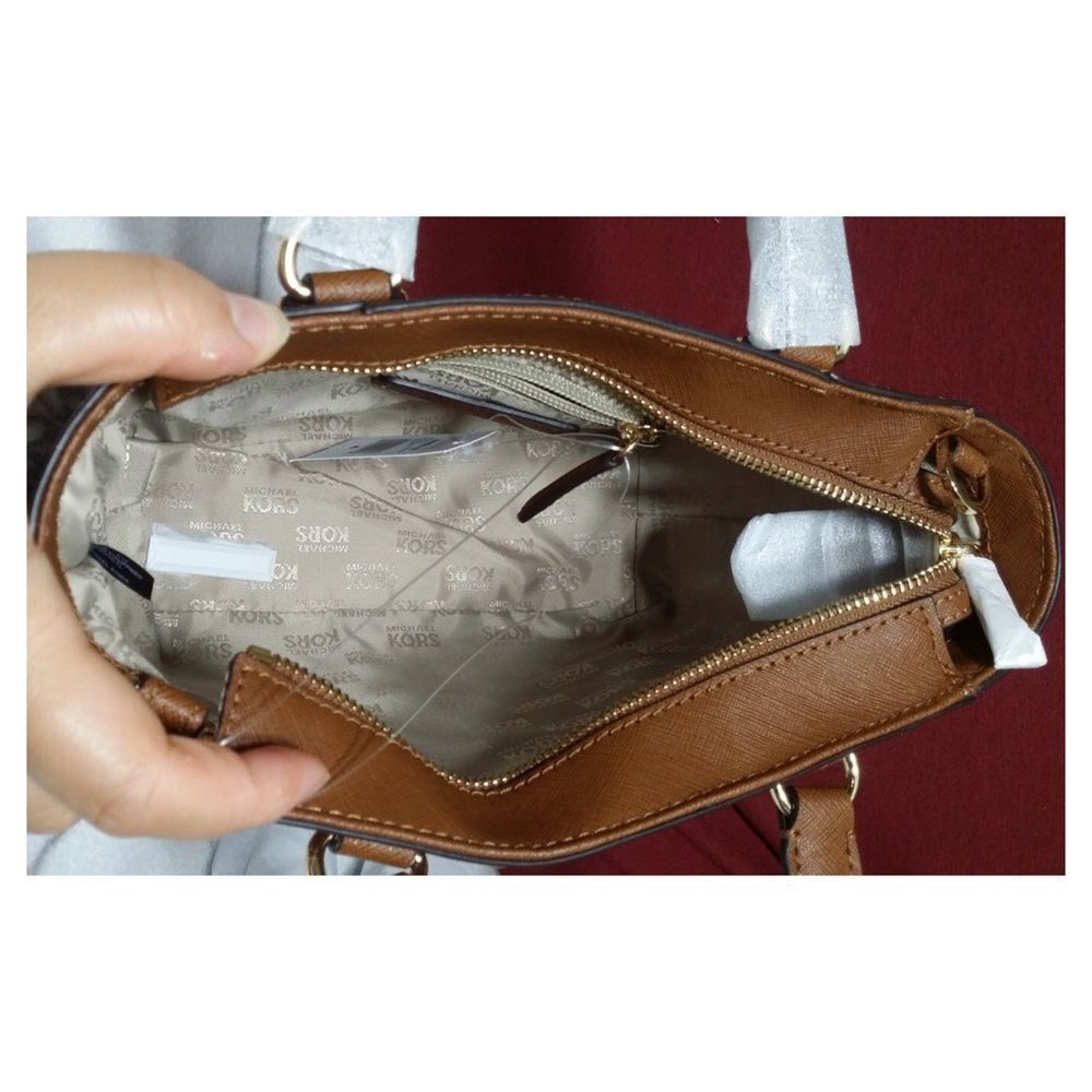 Michael Kors Sandrine Brown Leather Gold Studs CrossBody Satchel Purse Like New - Picture 6 of 7